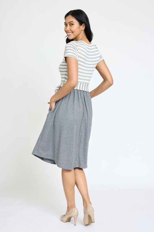 EG fashion Short Sleeve Stripe Sash Dress