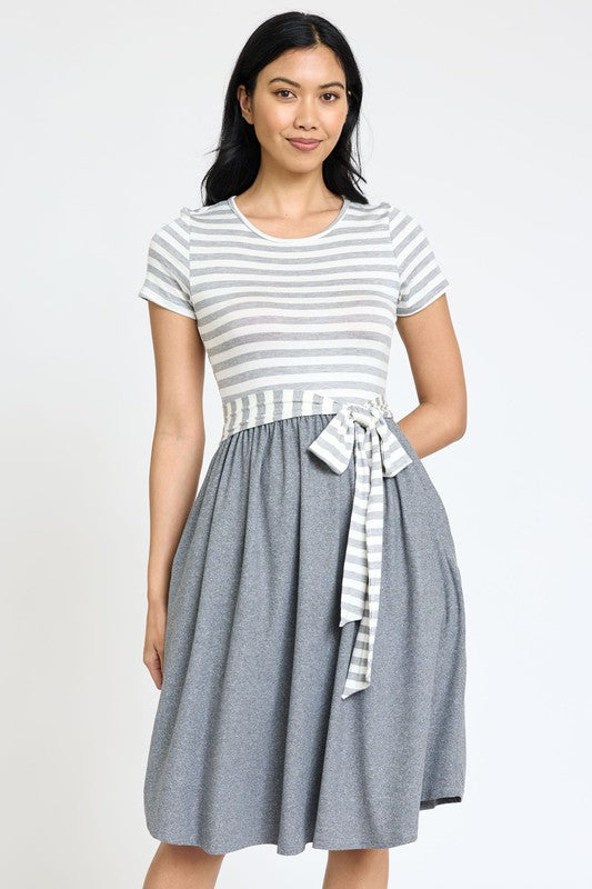 EG fashion Short Sleeve Stripe Sash Dress
