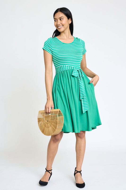 EG fashion Short Sleeve Stripe Sash Dress