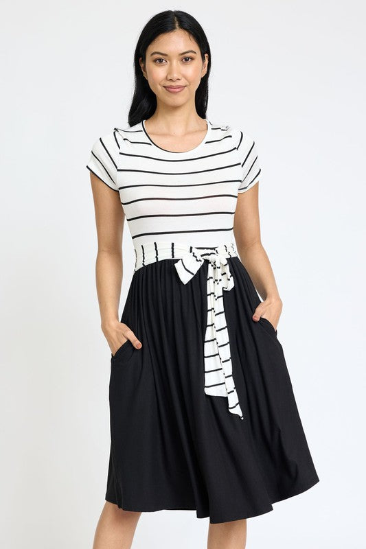 EG fashion Short Sleeve Stripe Sash Dress