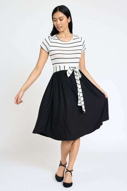 EG fashion Short Sleeve Stripe Sash Dress