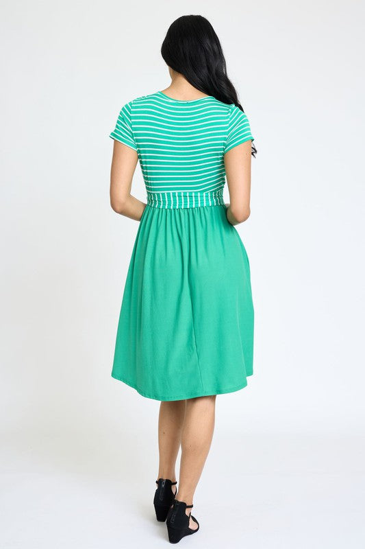 EG fashion Short Sleeve Stripe Sash Dress