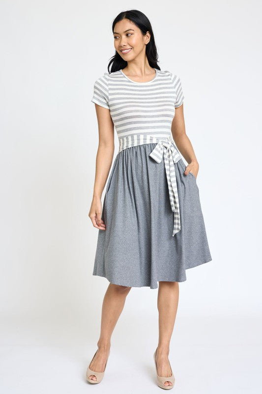 EG fashion Short Sleeve Stripe Sash Dress