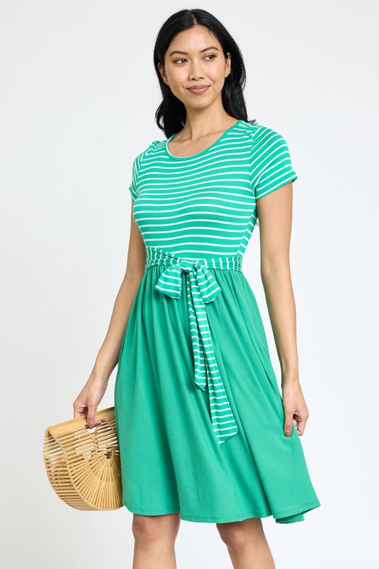 EG fashion Short Sleeve Stripe Sash Dress