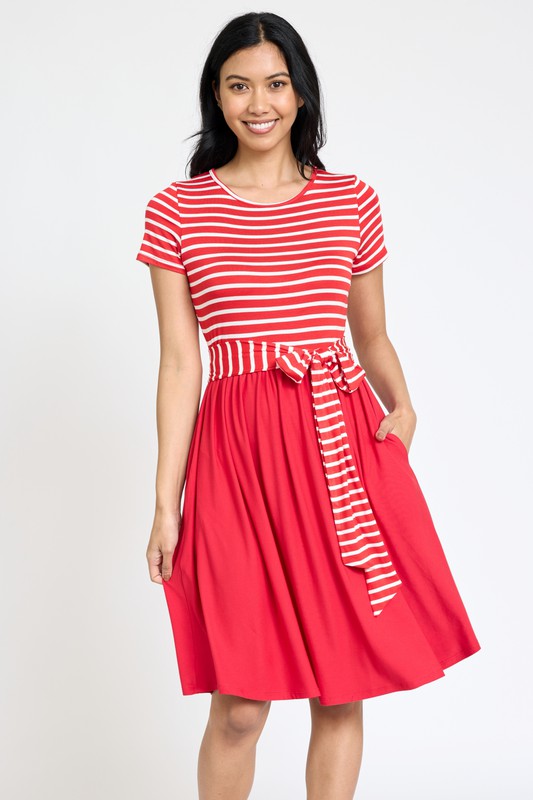 EG fashion Short Sleeve Stripe Sash Dress