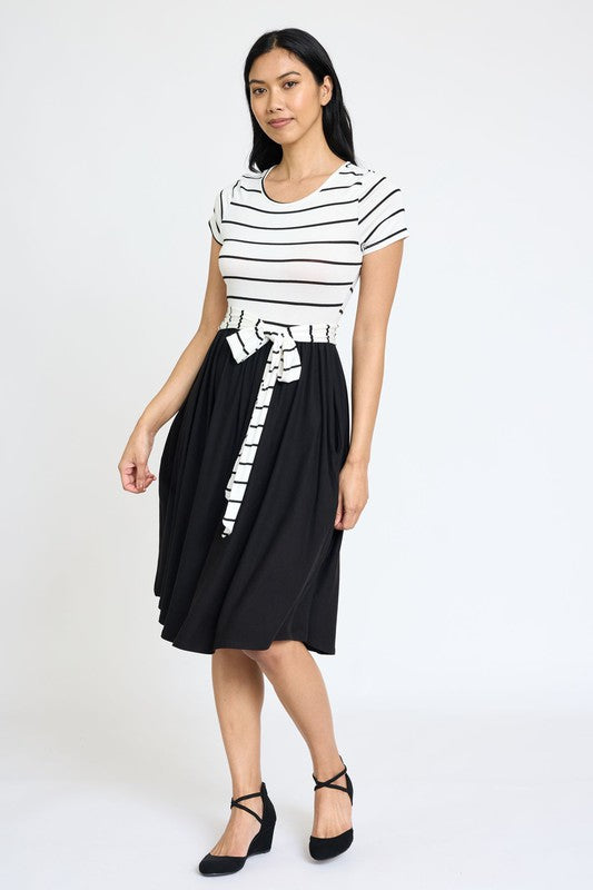 EG fashion Short Sleeve Stripe Sash Dress
