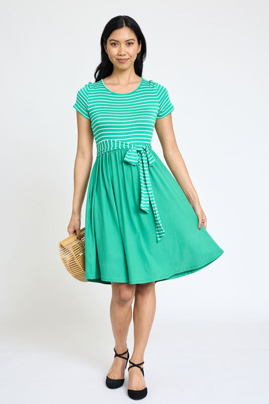 EG fashion Short Sleeve Stripe Sash Dress