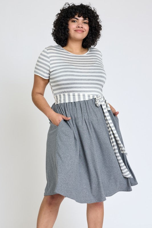EG fashion Plus Short Sleeve Stripe Sash Dress