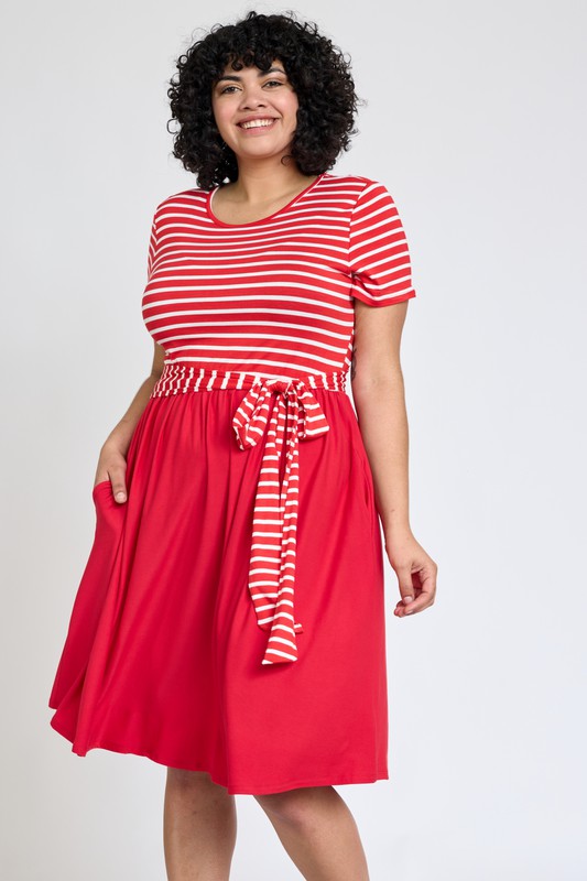 EG fashion Plus Short Sleeve Stripe Sash Dress