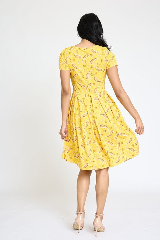 EG fashion Paisley Short Sleeve Pleated Midi Dress