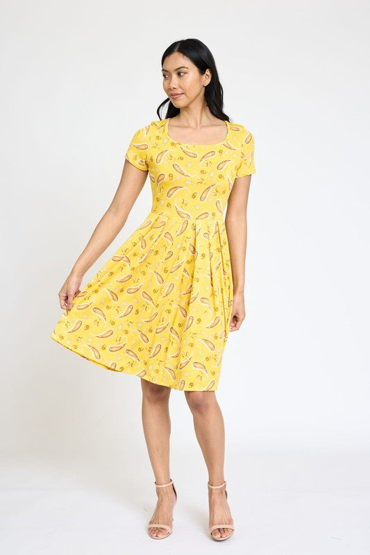 EG fashion Paisley Short Sleeve Pleated Midi Dress