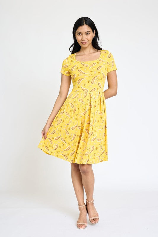 EG fashion Paisley Short Sleeve Pleated Midi Dress