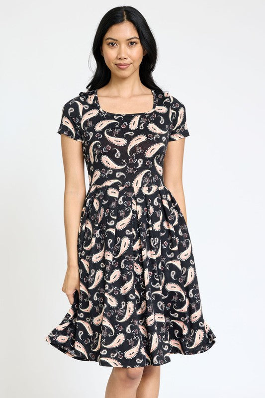 EG fashion Paisley Short Sleeve Pleated Midi Dress