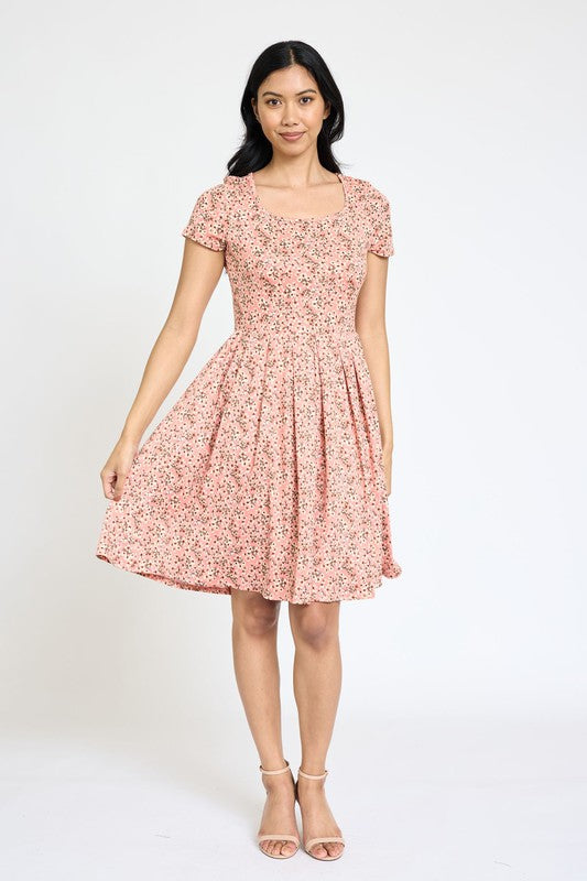 EG fashion Floral Short Sleeve Pleated Midi Dress