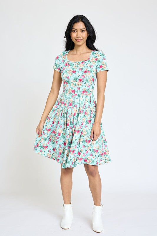 EG fashion Floral Short Sleeve Pleated Midi Dress