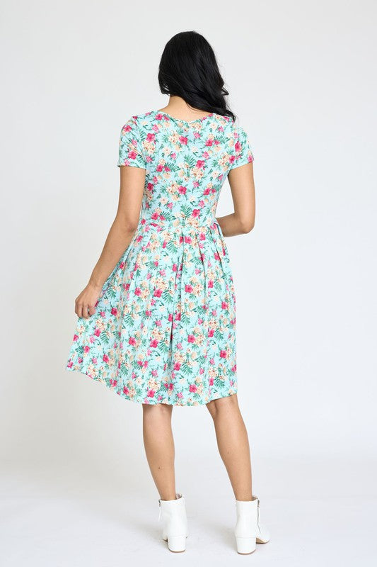 EG fashion Floral Short Sleeve Pleated Midi Dress
