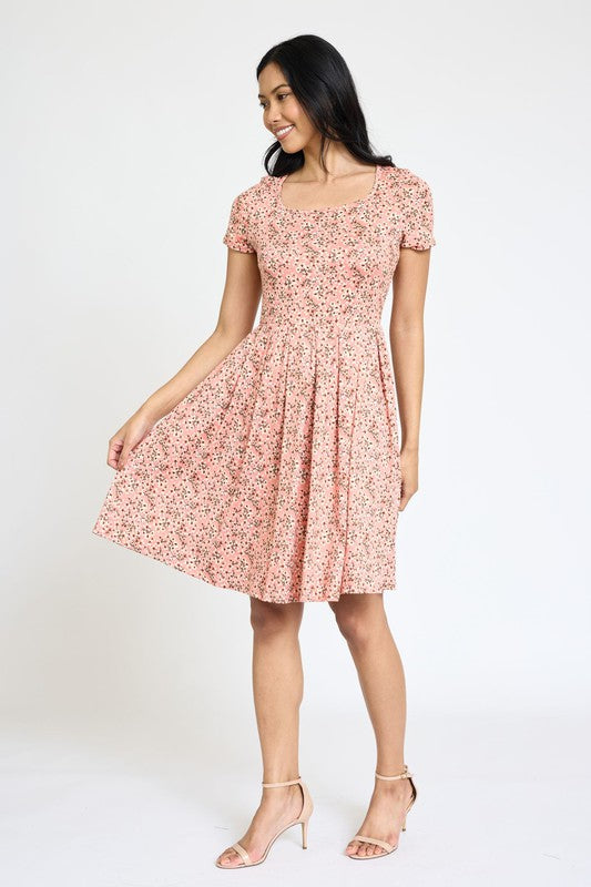 EG fashion Floral Short Sleeve Pleated Midi Dress