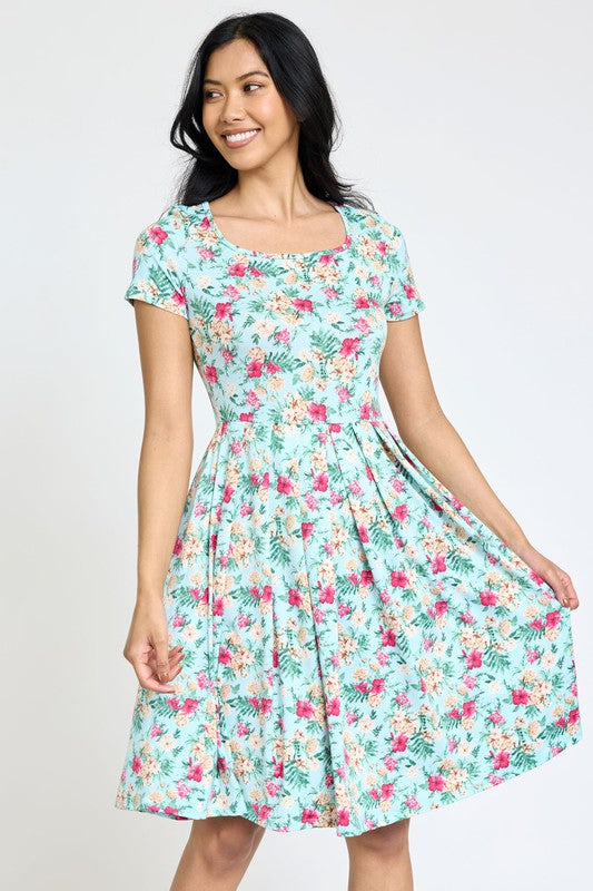 EG fashion Floral Short Sleeve Pleated Midi Dress