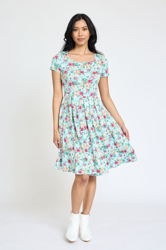 EG fashion Floral Short Sleeve Pleated Midi Dress
