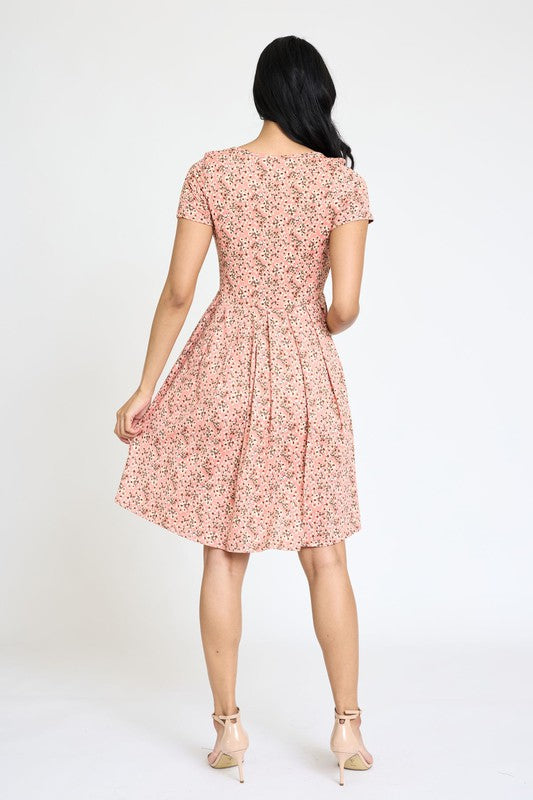 EG fashion Floral Short Sleeve Pleated Midi Dress