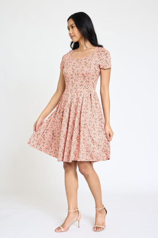 EG fashion Floral Short Sleeve Pleated Midi Dress