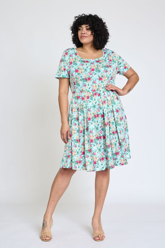EG fashion Plus Floral Short Sleeve Pleated Midi Dress