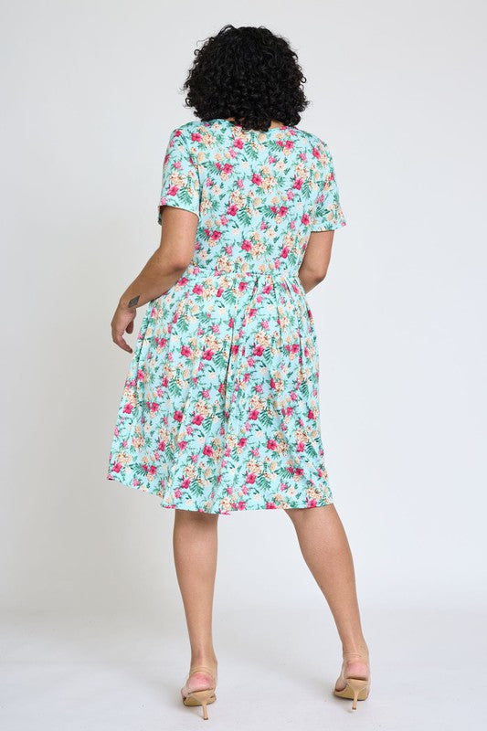 EG fashion Plus Floral Short Sleeve Pleated Midi Dress