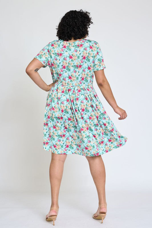 EG fashion Plus Floral Short Sleeve Pleated Midi Dress