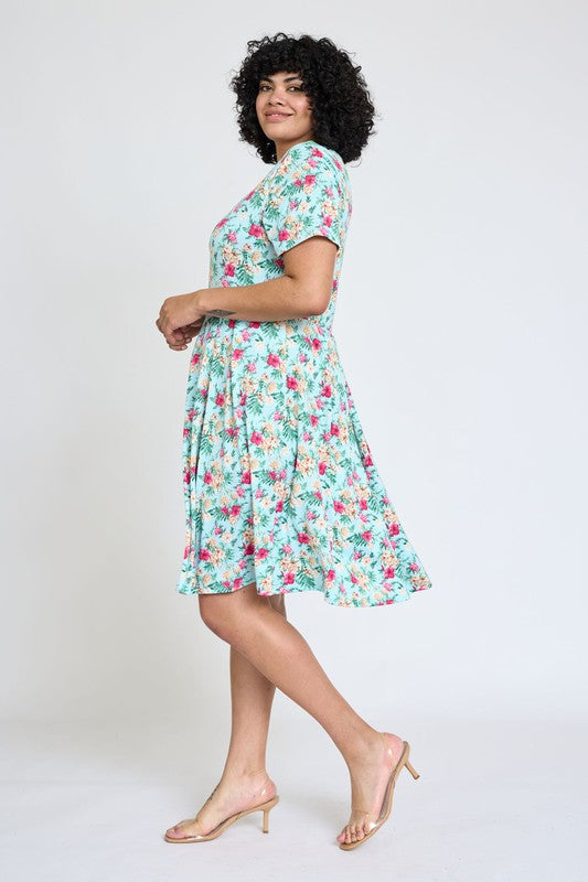 EG fashion Plus Floral Short Sleeve Pleated Midi Dress
