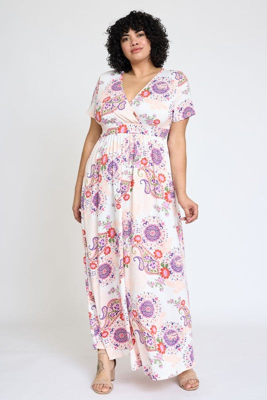 EG fashion Plus Spring Pattern Surplice Maxi Dress