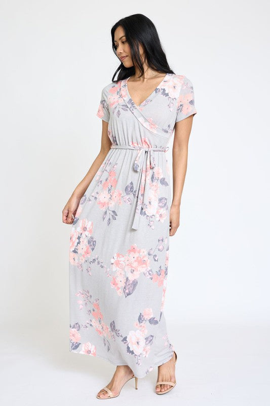 EG fashion Floral Surplice Bodice Sash Maxi Dress