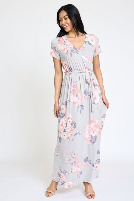 EG fashion Floral Surplice Bodice Sash Maxi Dress
