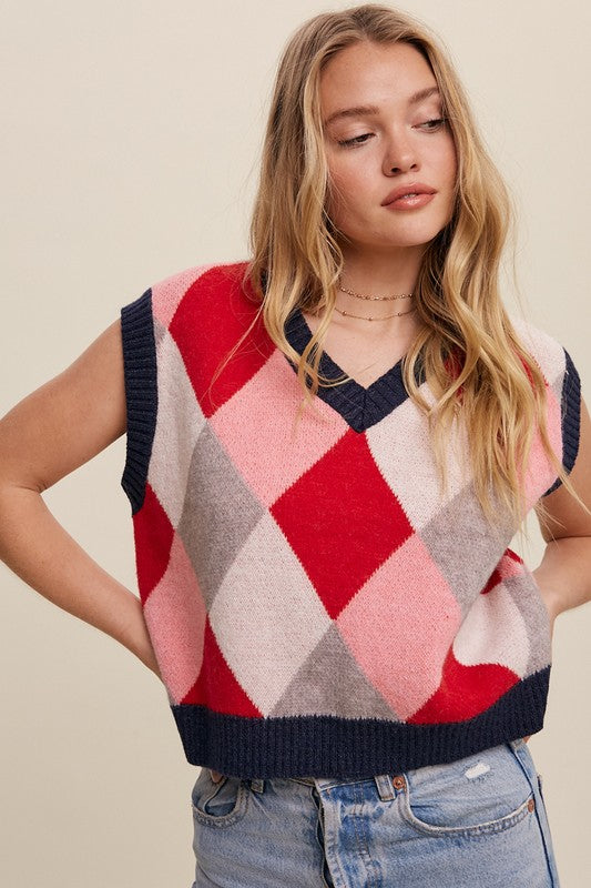 Listicle Argyle Cropped Sweater Vest