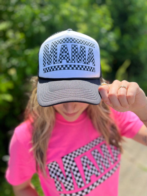 Ask Apparel Mama Checkered Ponytail Trucker Hat