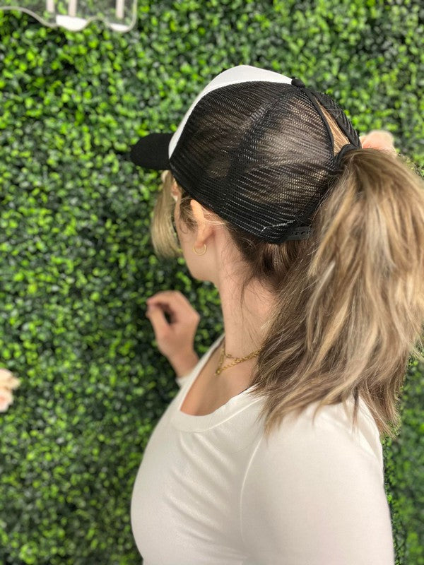 Ask Apparel Mama Checkered Ponytail Trucker Hat