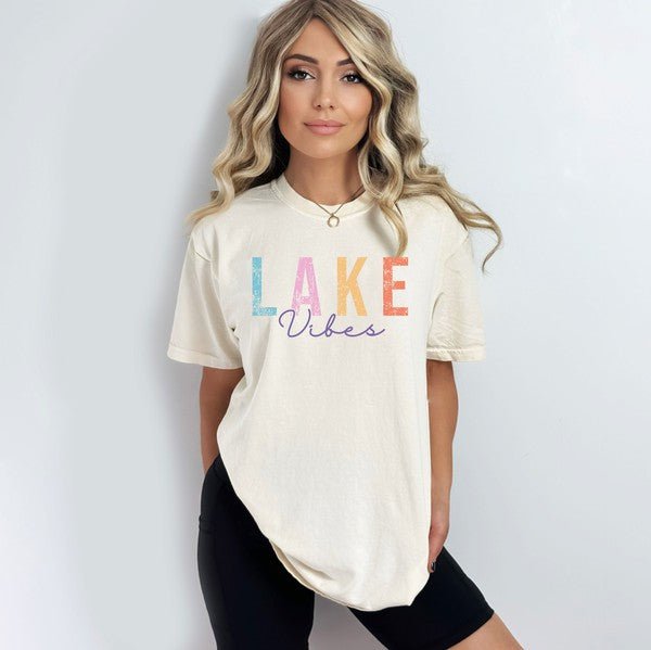 Olive and Ivory Lake Vibes Cursive Garment Dyed Tee