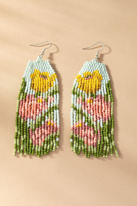 Pink and Yellow Flower Seed Bead Drop Earrings