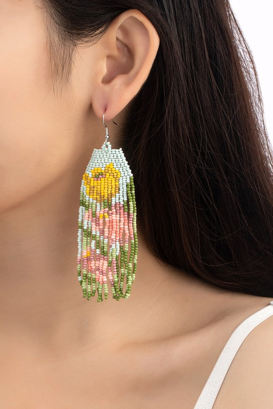 Pink and Yellow Flower Seed Bead Drop Earrings
