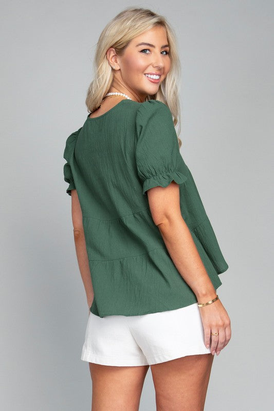 Nuvi Apparel Button Front Puff Sleeve Blouse
