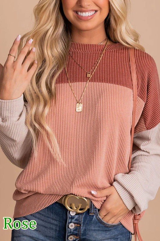 EG Fashion Ribbed Color Block Tunic Top