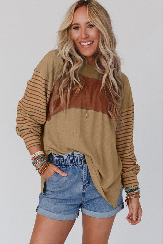 EG Fashion Color Block Stripe Lantern Sleeve Side Slit Tunic