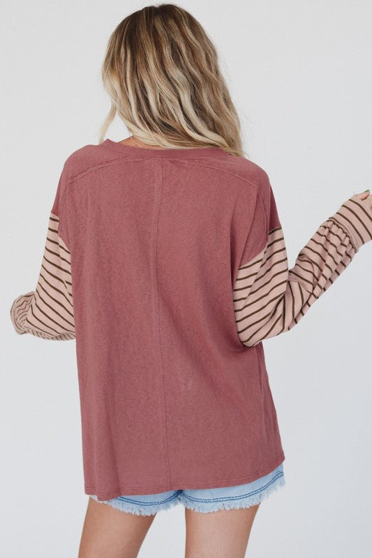 EG Fashion Color Block Stripe Lantern Sleeve Side Slit Tunic