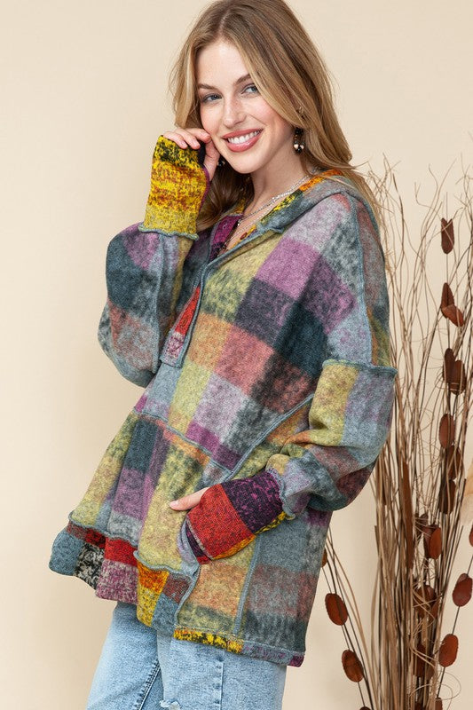 EG Fashion Plus Red Green Mustard Plaid Inside-Out Hood Tunic