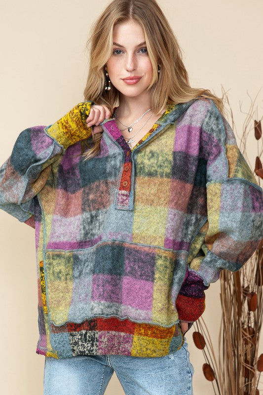EG Fashion Plus Red Green Mustard Plaid Inside-Out Hood Tunic