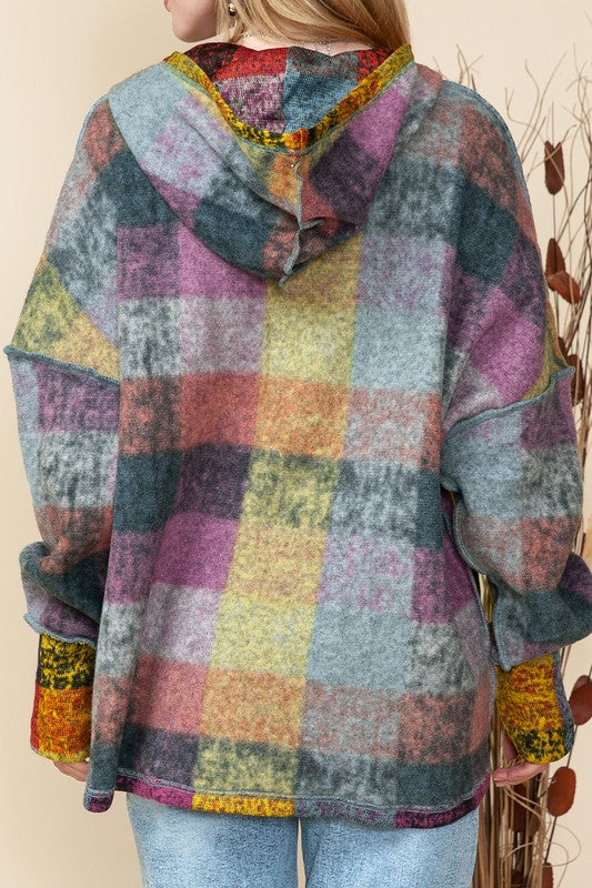 EG Fashion Plus Red Green Mustard Plaid Inside-Out Hood Tunic