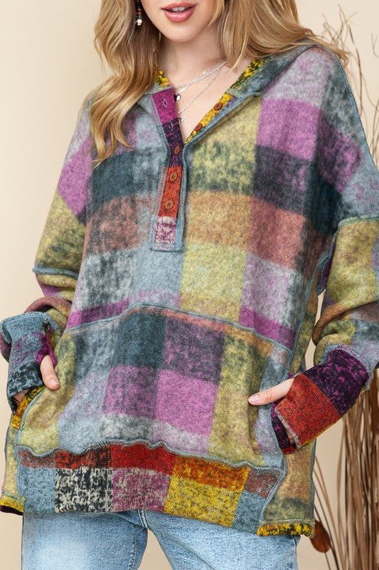 EG Fashion Red Green Mustard Plaid Inside-Out Hood Tunic