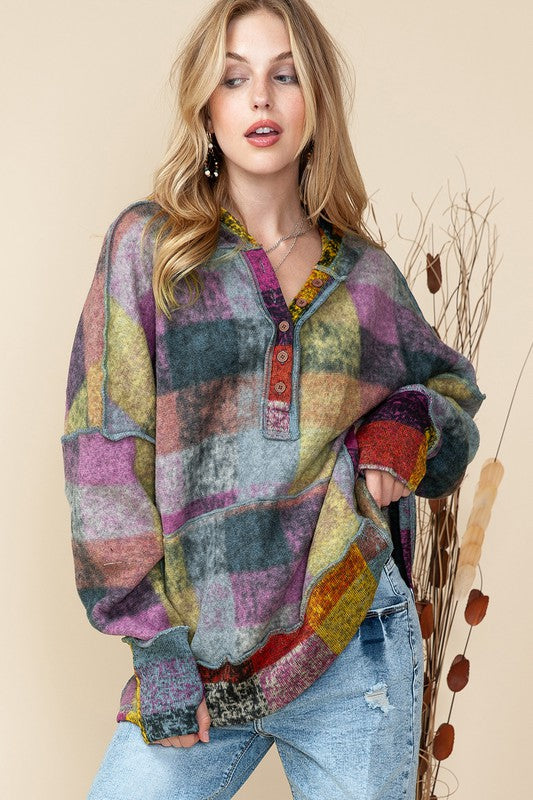 EG Fashion Plus Red Green Mustard Plaid Inside-Out Hood Tunic