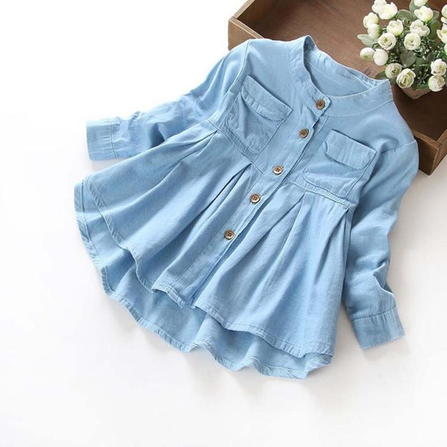 Fashionable Denim Blue Toddler and Girl's Long Sleeve Dress