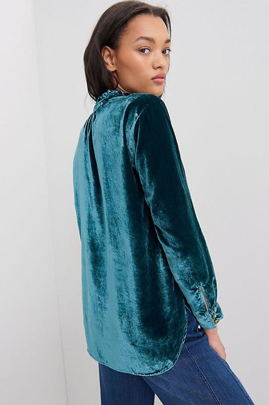 EG fashion Velvet Button Frilled Neck Blouse Top