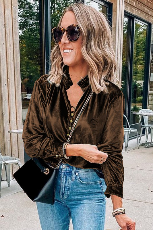 EG fashion Velvet Button Frilled Neck Blouse Top